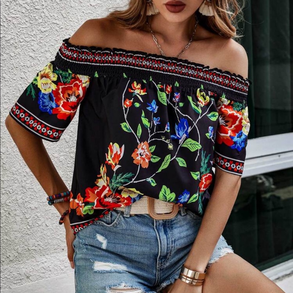 Boho Floral Print Off Shoulder Cottagecore Top Blouse Black - Picture 2 of 9